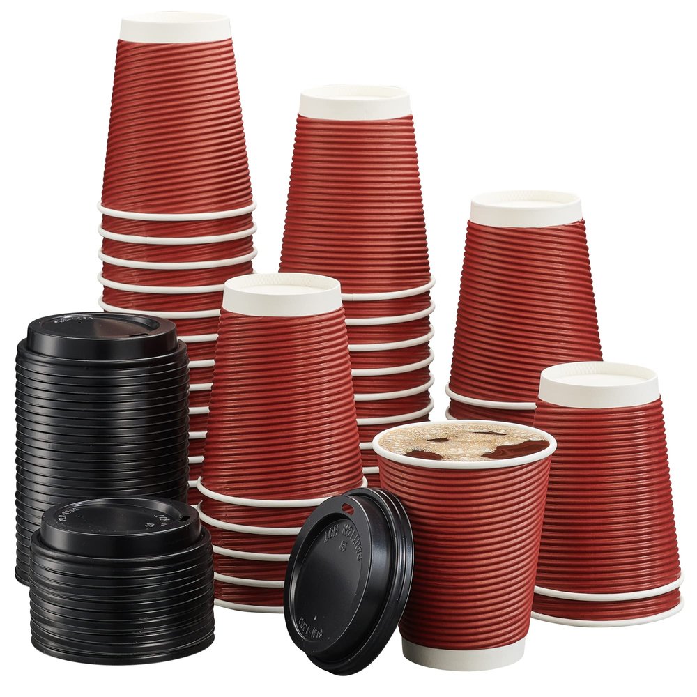 ELEGANT DISPOSABLES 50 Sets 12 oz Insulated Hot Coffee Cups with Lids, Burgundy Rippled Easy Grip Disposable Paper to go Cups
