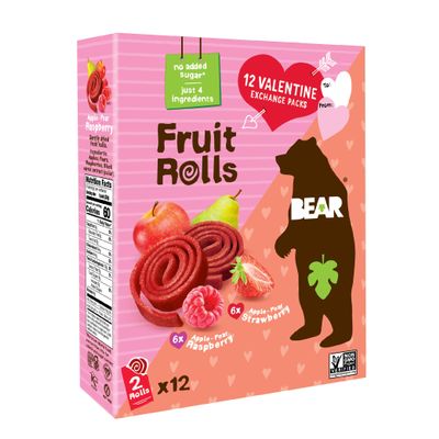 Bear Valentines Day Strawberry & Raspberry Fruit Rolls Variety Pack, 12 Pack (2 Rolls Per Pack)  Gluten Free, Vegan, and Non-GMO  Healthy School And Lunch Snacks For Kids And Adults