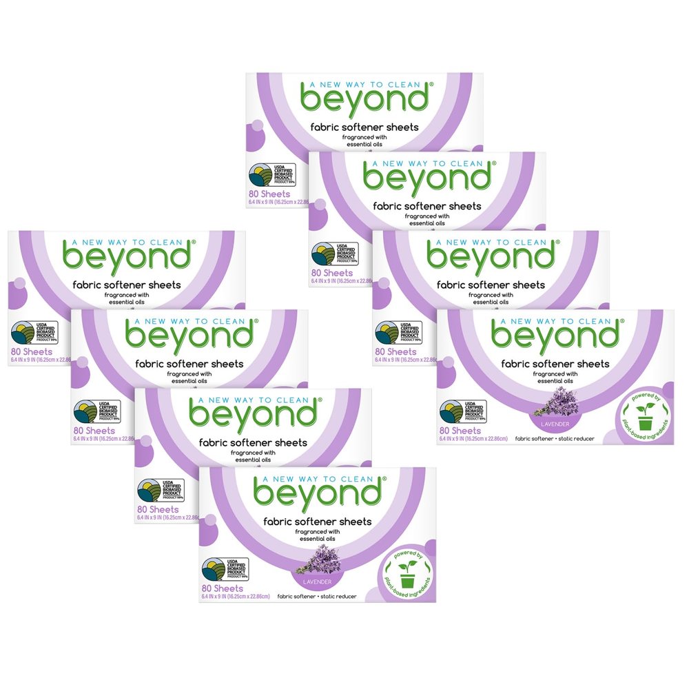 Beyond Fabric Softener Sheets (8 boxes of 80 sheets) - Lavender Scent - Eco-Friendly Plant-Based Dryer Sheets. Removes Static Cling. Recyclable Packaging.