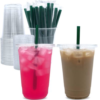 Aatriet 32 oz Clear Plastic Cups with Lids and STRAWS, Disposable Party Cups for To Go Iced Coffee Cold Drinks, Smoothie, Juice, Parfait, Frappuccino, Milkshake. No Leaking Fruit Cup, 25 Sets