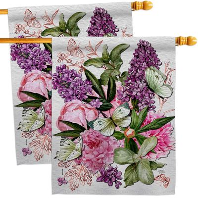 Breeze Decor Pink Bouquet House Flags 2 pcs Pack Garden Floral Sunflower Tulip Rose Orchid Lilies Season Springtime Flower Wreath Small Decorative Gift Yard Banner Made in USA 28 X 40