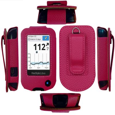 Premium Fitted Leather Case with Screen Protector, Belt Clip, Carabiner (Including a Neck Lanyard) for Libre 2/ Libre 14 Day - HOTPINK