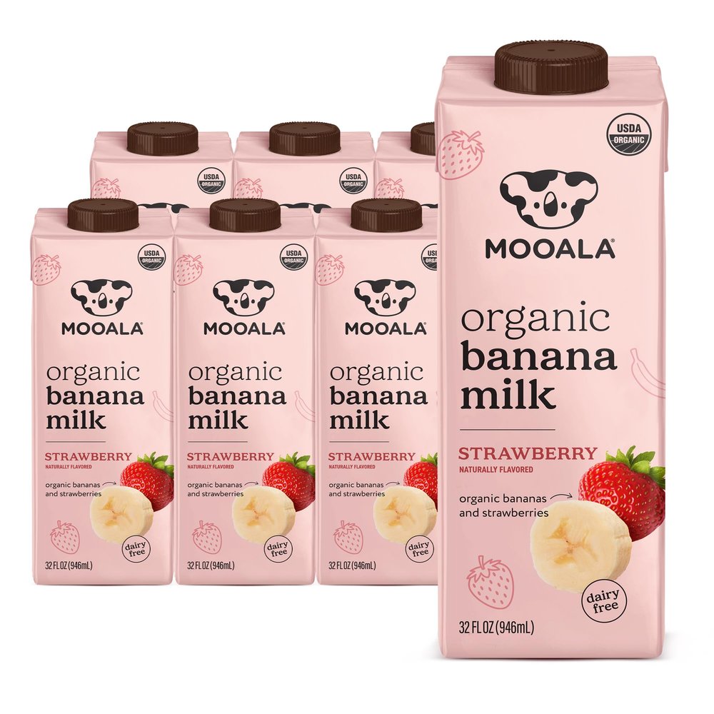 Mooala Organic Strawberry Bananamilk, 32 fl oz (Pack of 6) Shelf-Stable, Non-Dairy, Nut-Free, Gluten-Free, Plant-Based Beverage with No Added Sugar
