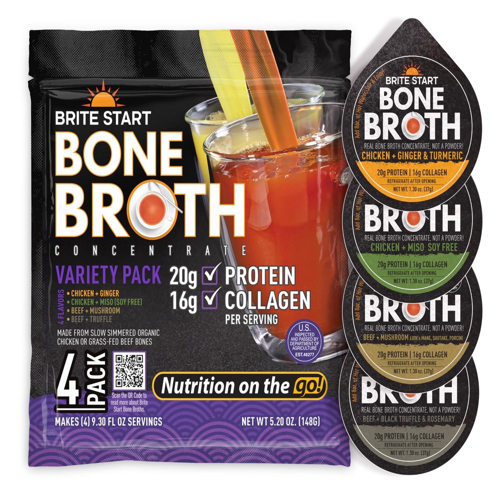 Brite Start Bone Broth - Variety Pack - 4 Count - Keto Friendly Concentrate with 16g Collagen, 20g Paleo Protein - Made from Free Range Chicken Bones & Grass Fed Beef - Single Serve Packets