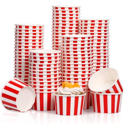 200 Pcs Paper Ice Cream Cups 5.5 Ounce Red White Striped Disposable Sundae Bowls Yogurt Dessert Soup Cups for Hot Soup Snack Treat Carnival Theme Party Decorations