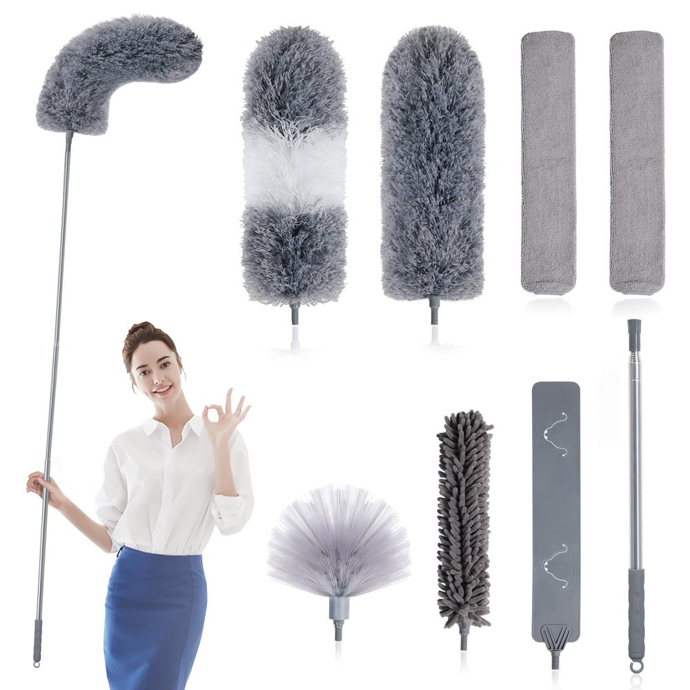 BOOMJOY Microfiber Feather Duster 7PCS, Bendable Dusters with 100 inches Extension Pole for Cleaning High Ceiling, Fan, Blinds, Cobweb, Furniture, Cars