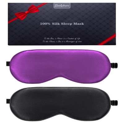BeeVines 100% Real Mulberry Silk 2 Pack Sleep Mask, Pure Silk Eye Masks with Adjustable Strap for Sleeping, 100% Block Light Eye Shade Cover, Reduces Puffy Eyes Traveling Gifts(Black & Rich Purple)