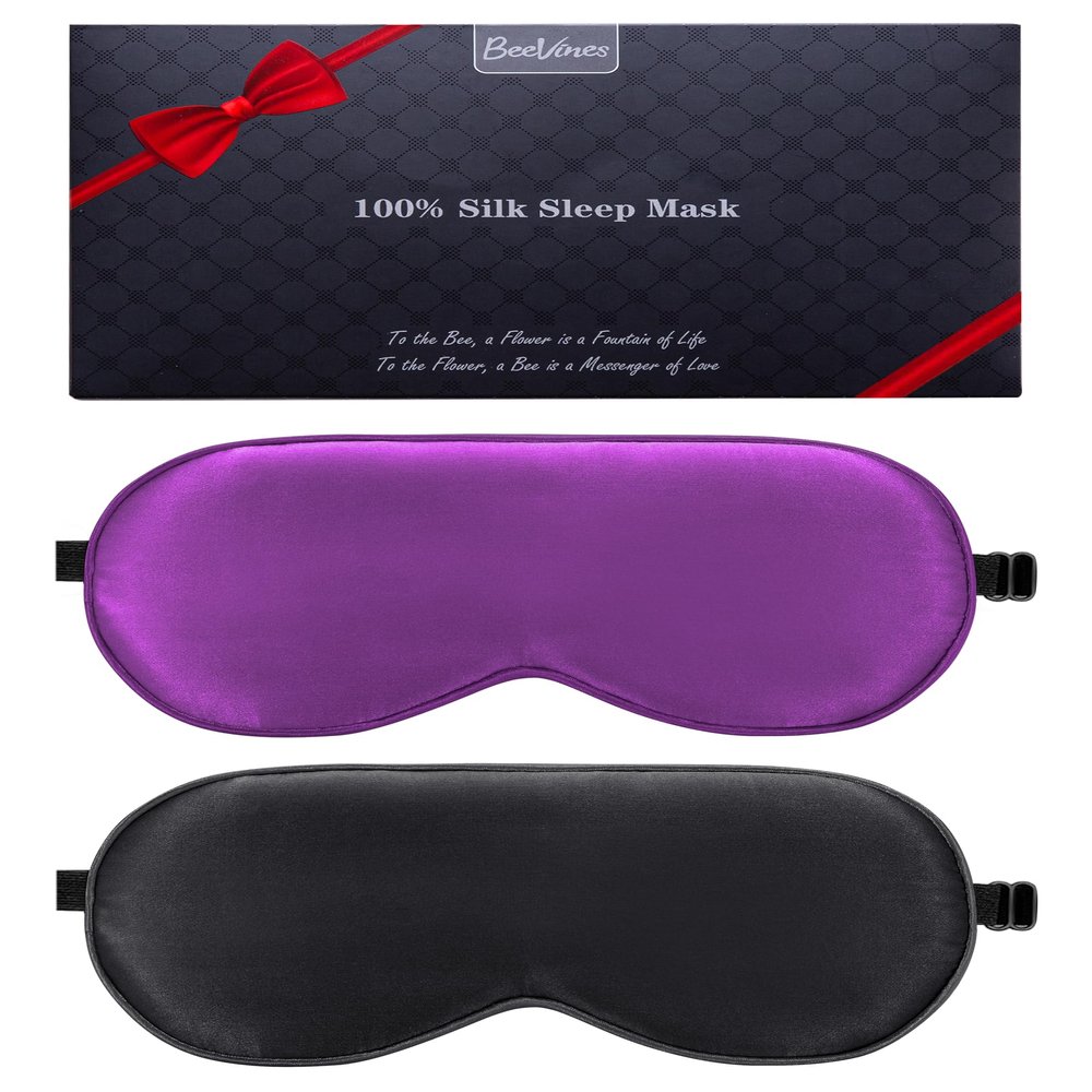 BeeVines 100% Real Mulberry Silk 2 Pack Sleep Mask, Pure Silk Eye Masks with Adjustable Strap for Sleeping, 100% Block Light Eye Shade Cover, Reduces Puffy Eyes Traveling Gifts(Black & Rich Purple)
