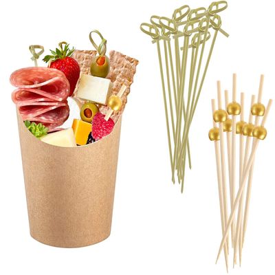 YESTOO Kraft Charcuterie Cups with Bamboo Cocktail Picks Set,200 Picks + 50 Cups 14oz, Disposable French Fries Cups, Appetizer Snack Cups