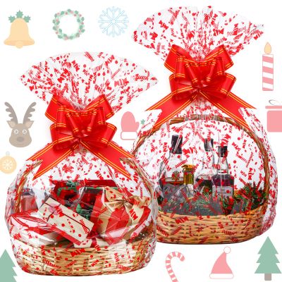 Zonon 20 Pcs Large Christmas Basket Bags 35 x 23 in Clear Cellophane Bags Snowflake Candy Canes Plaid for Xmas Baskets Baby Showers(Crutch Style)