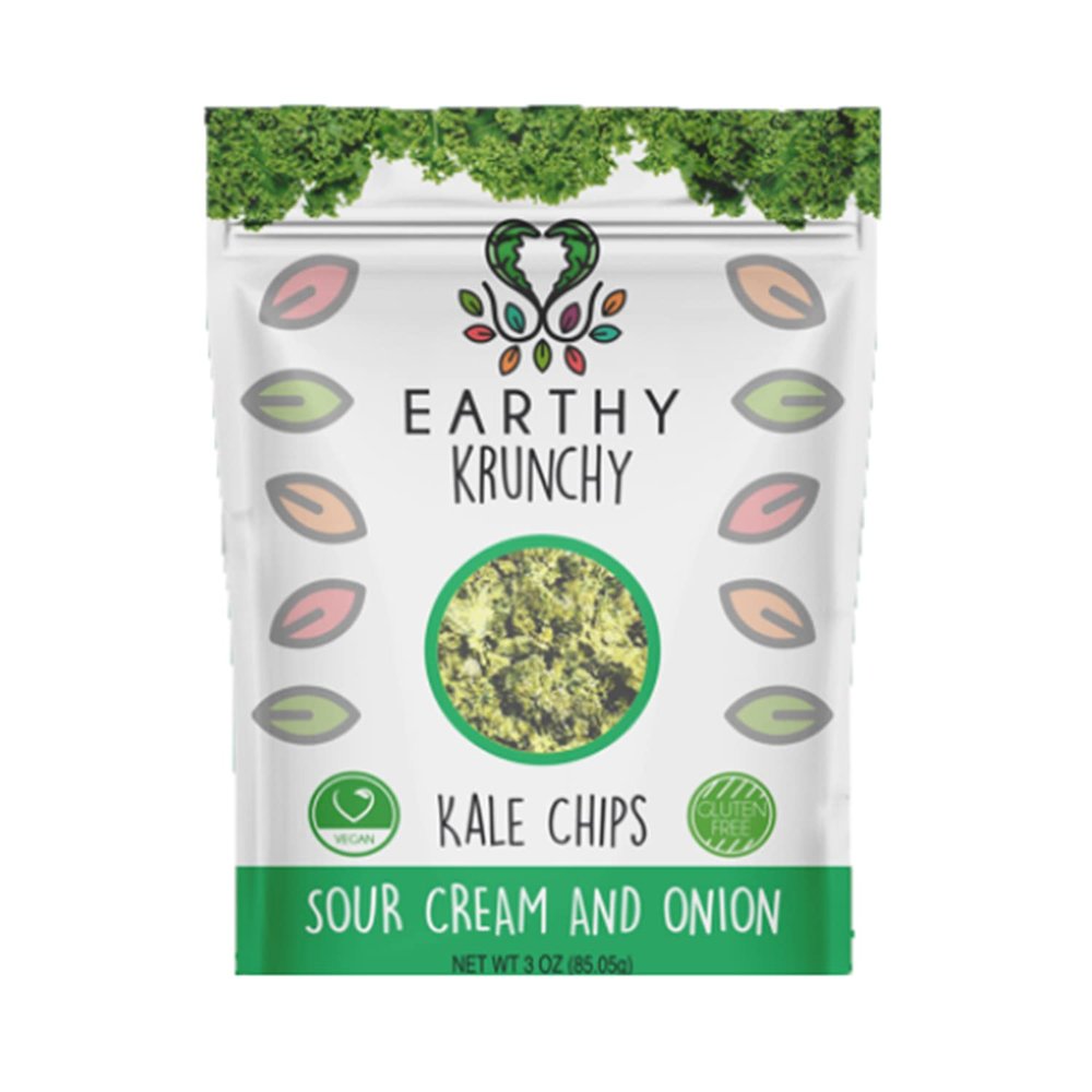Earthy Krunchy Snacks Kale Chips - Sour Cream and Onion Flavor - Organic High Protein Snack - Crunchy with No Sugar or Preservatives - Dehydrated - Gluten-Free Snacks - Vegan