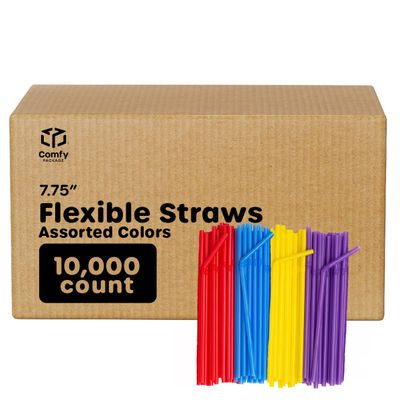 Comfy Package [Case of 10,000] Flexible Plastic Drinking Straws - Disposable Swizzle Sticks - 7.75"High - Assorted Colors