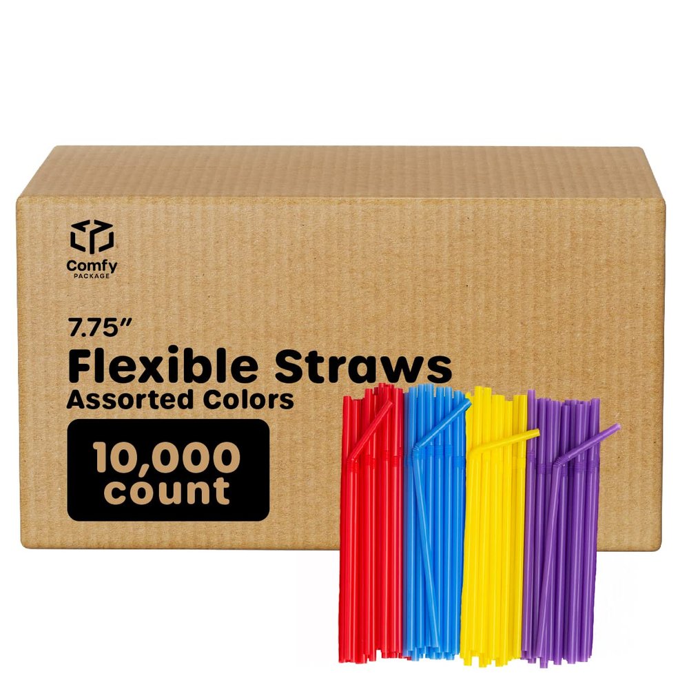 Comfy Package [Case of 10,000] Flexible Plastic Drinking Straws - Disposable Swizzle Sticks - 7.75"High - Assorted Colors