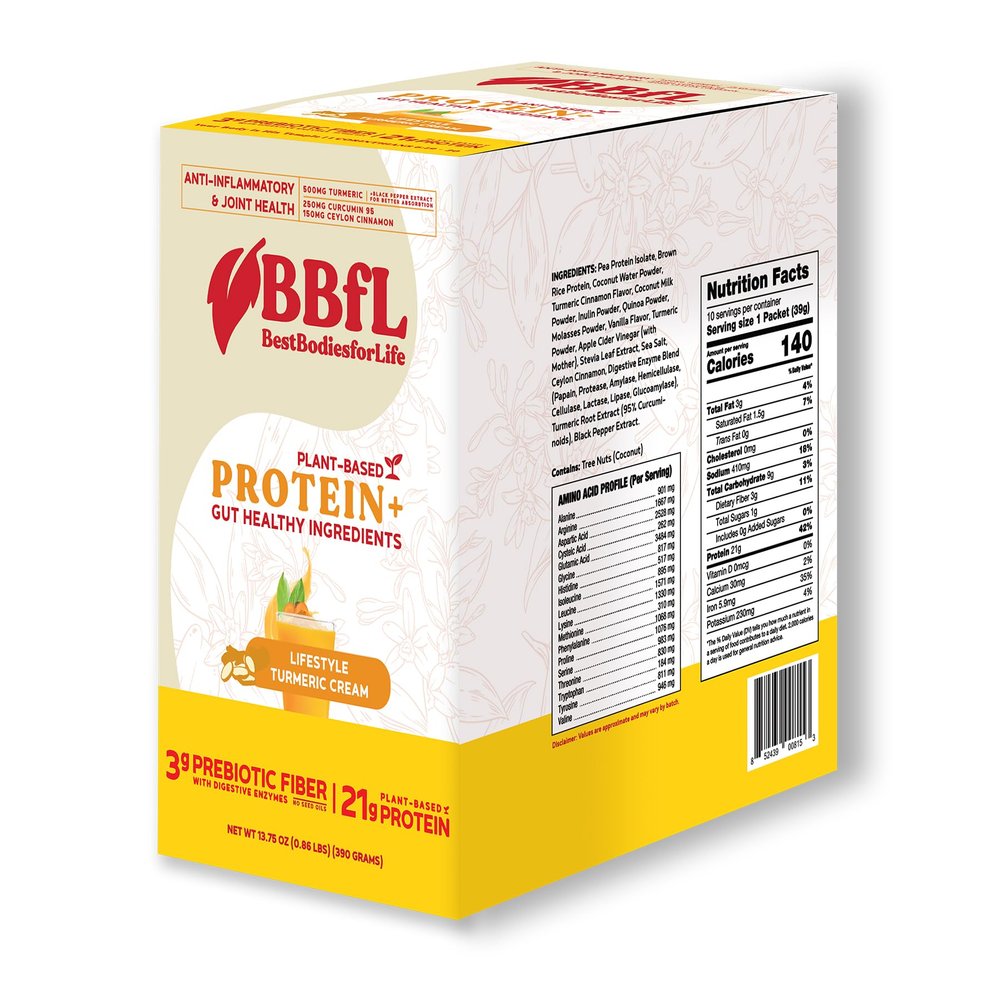 BBfL Plant-Based Protein Shake  21g Vegan Protein, Turmeric + Curcumin 95 + Ceylon Cinnamon, Prebiotics, Digestive Enzymes, Supports Inflammatory Response  All-in-One Shake (10 Servings, Turmeric Cream)