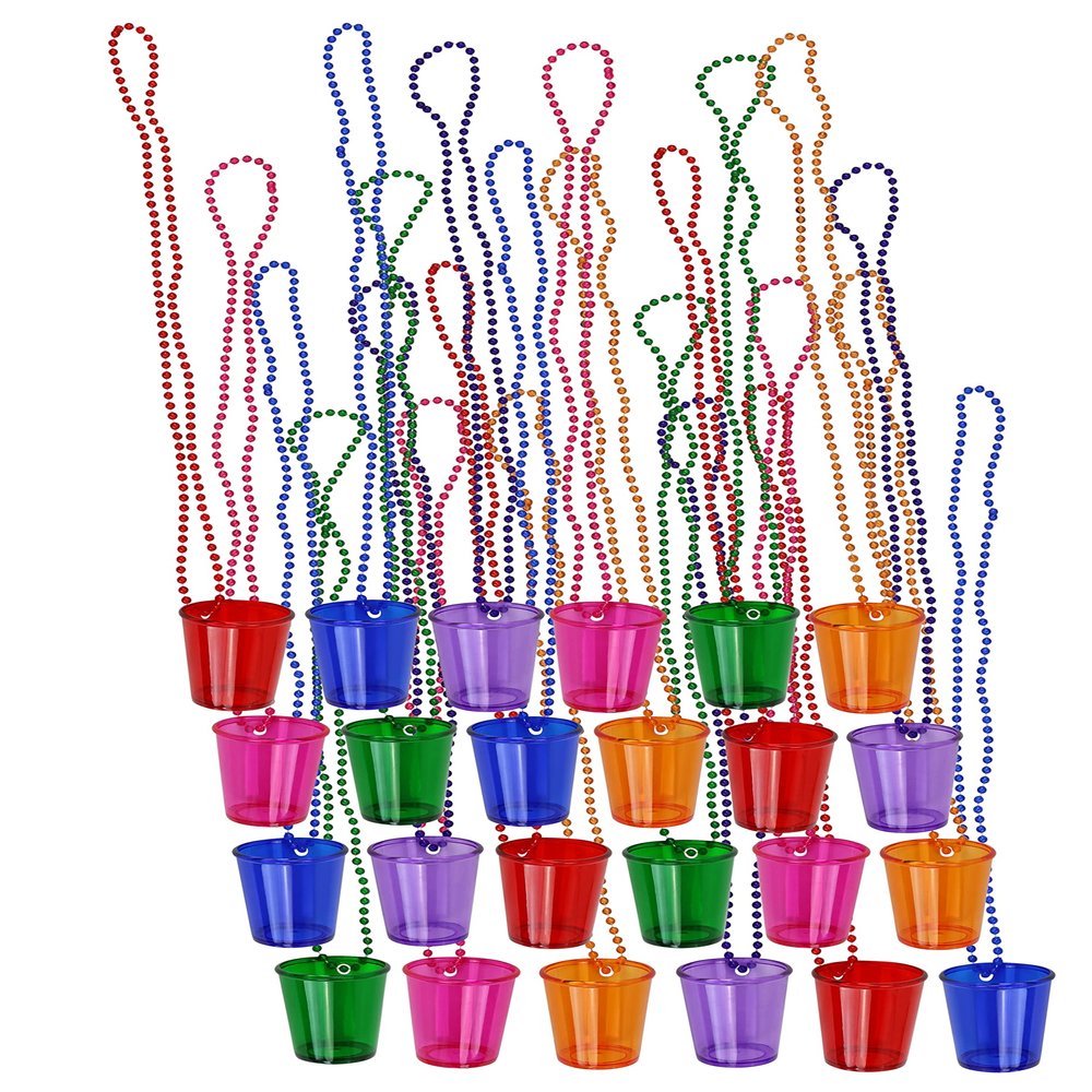 Iconikal 24-Pack Shot Glass on Beaded Necklace, Assorted Colors Tailgating Drinking Party
