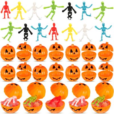 96 Pcs Halloween Pumpkin Candy Box with Stretchy Toys Set Pumpkin Treat Containers Mini Pumpkin Candy Gift Boxes with Sticky Toys Mini Gift Holder for Bag Fillers Supplies (Mixed Colors, Skeleton)