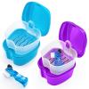 2 Pack Denture Case Dental Mouthguard Case, Denture Bath Box Cleaning with Brush, Strainer Basket and Lid Waterproof - Purple and Blue view 1