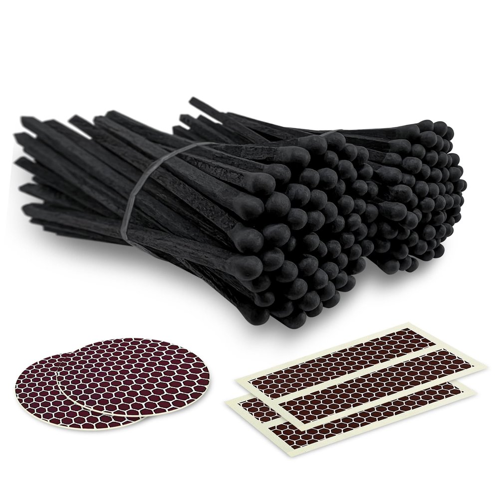 4" All Black Matches (100 Count, with Striking Stickers Included) | Decorative Unique & Fun for Your Home, Gifts, Accessories & Events | Premium Long Wood Safety Matches by Thankful Greetings