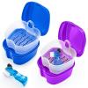 2 Pack Denture Bath Case Dental False Teeth Holder with Brush, Retainer Cleaning Case Denture Bath Cup Storage False Teeth Travel Case with Strainer - Purple and Dark Blue view 1