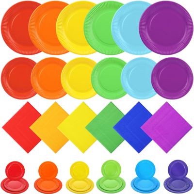 180 Pcs Rainbow Colorful Paper Plates and Napkins 7 Inch 9 Inch Party Plates Napkins Disposable Tableware Set for Fiesta Neon Birthday Baby Shower Party Decorations Supplies
