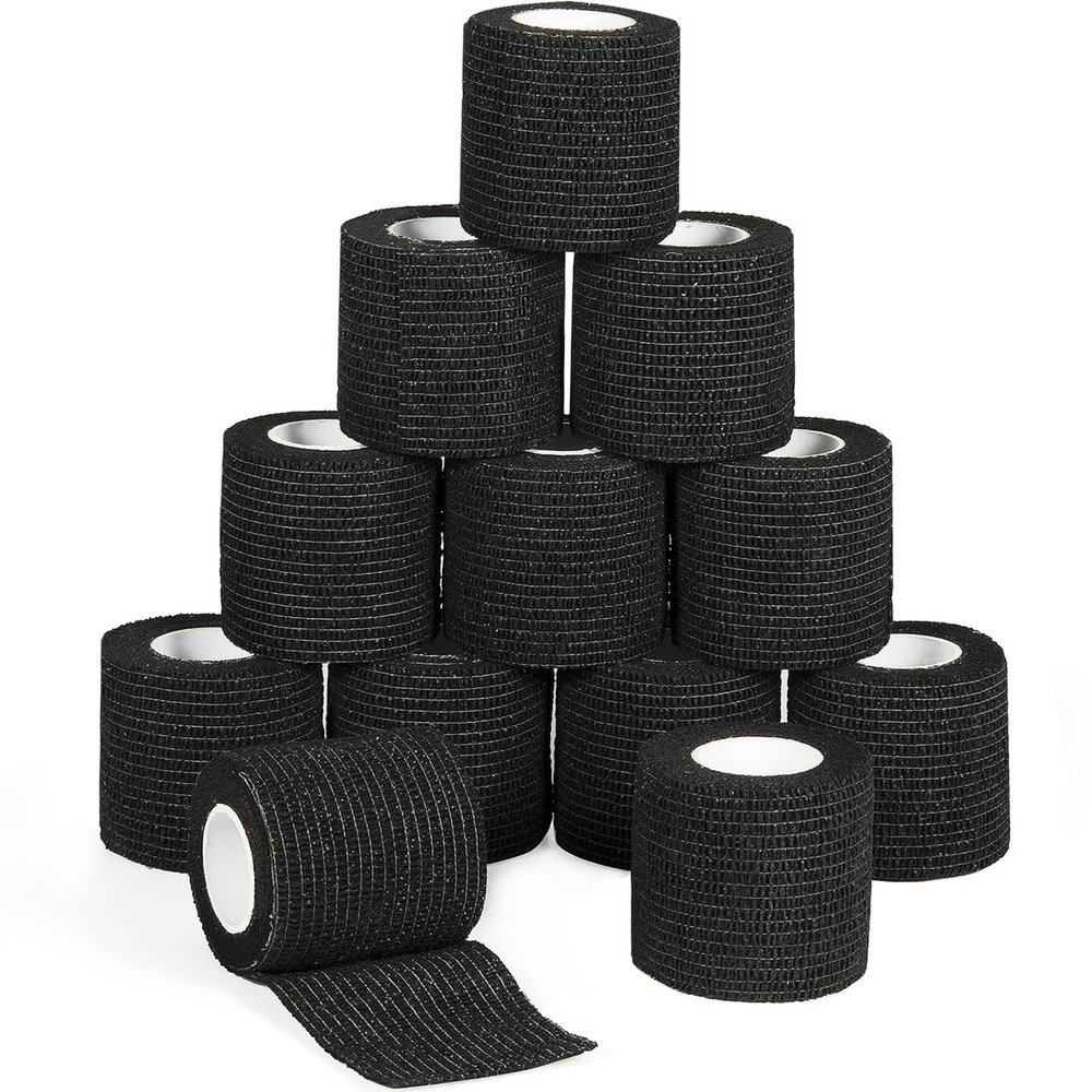 12 Pack Self Adhesive Bandage Wrap 2 Inches x 5 Yards Elastic Bandage Wrap Self Adherent Cohesive Tape Bandages for Wrist Ankle Vet Wrap for Dogs Swelling Sprains Athletic Tape Grip Cover (Black)