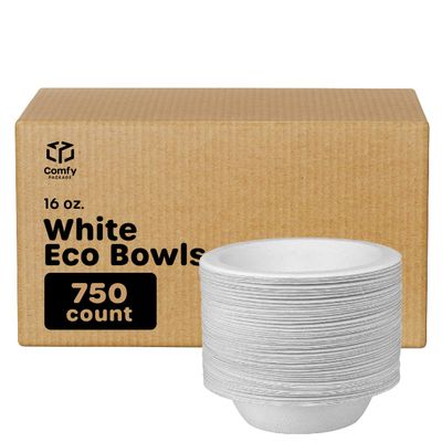 GUSTO [Case of 750 16 oz. Heavy-Duty 100% Compostable White Paper Soup Bowls - Eco-Friendly Disposable Sugarcane Bowls (Formerly Comfy Package)
