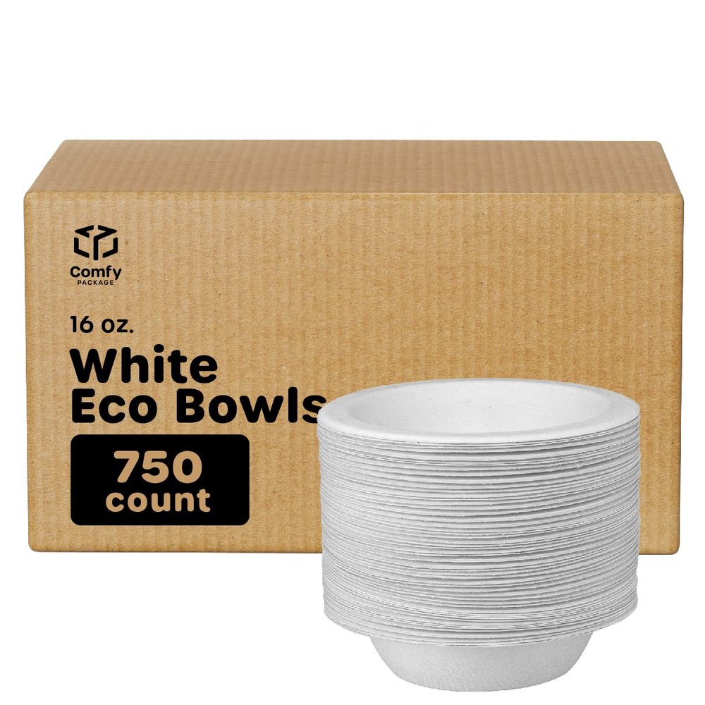GUSTO [Case of 750 16 oz. Heavy-Duty 100% Compostable White Paper Soup Bowls - Eco-Friendly Disposable Sugarcane Bowls (Formerly Comfy Package)