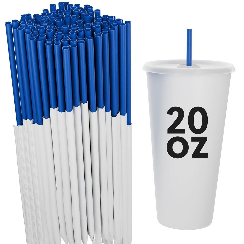 Disposable Plastic Drinking Straws - Individually Paper Wrapped (Blue, 500)