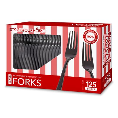 (125-Count) Plastic Forks, Disposable Silverware for Dinner, Heavy Duty Utensils, Heavyweight Party Flatware, Bulk Cutlery in Black - Stock Your Home
