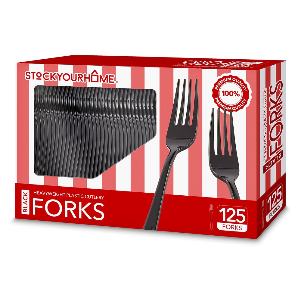 (125-Count) Plastic Forks, Disposable Silverware for Dinner, Heavy Duty Utensils, Heavyweight Party Flatware, Bulk Cutlery in Black - Stock Your Home