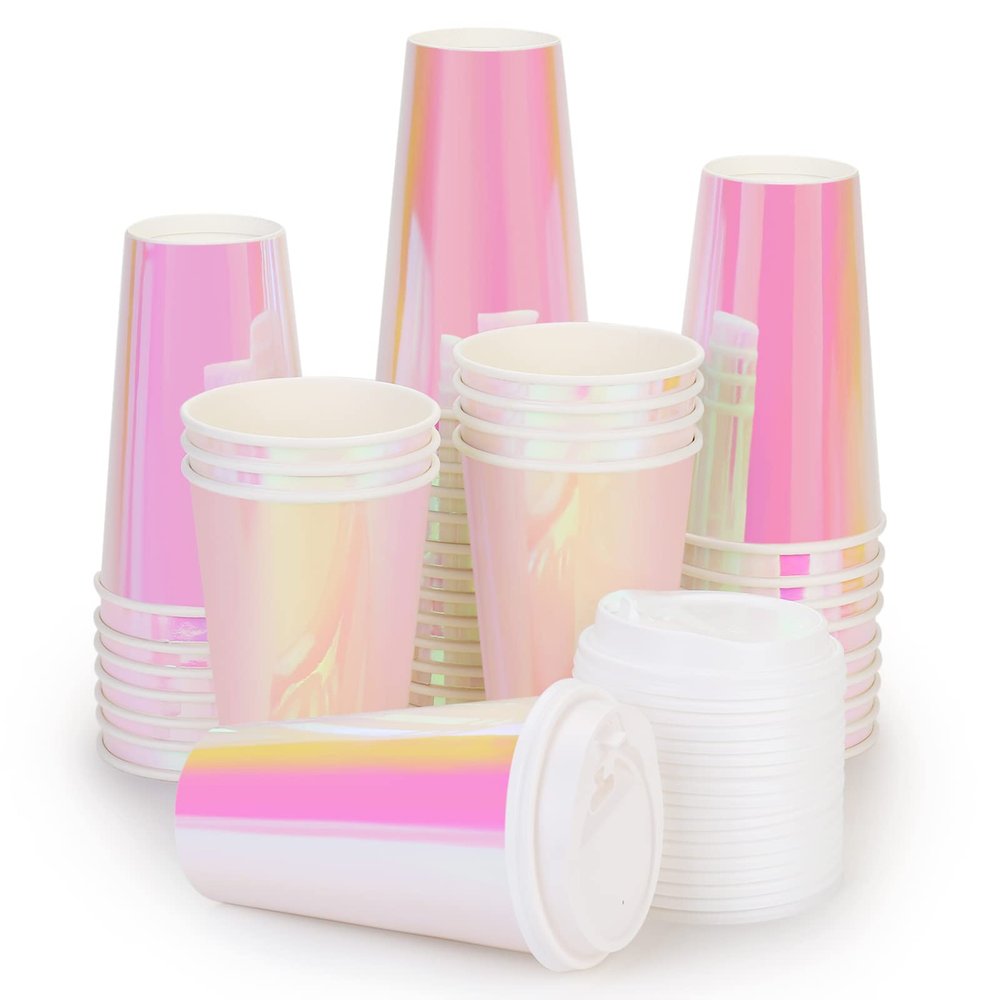 Pink Iridescent Paper Cups 16 oz [20 pack] Disposable Double Insulated Coffee Cup with Lids Hot Cold Drinks Tea Milk Beverages Holographic Pastel Party Decorations Travel Birthday Wedding Christmas