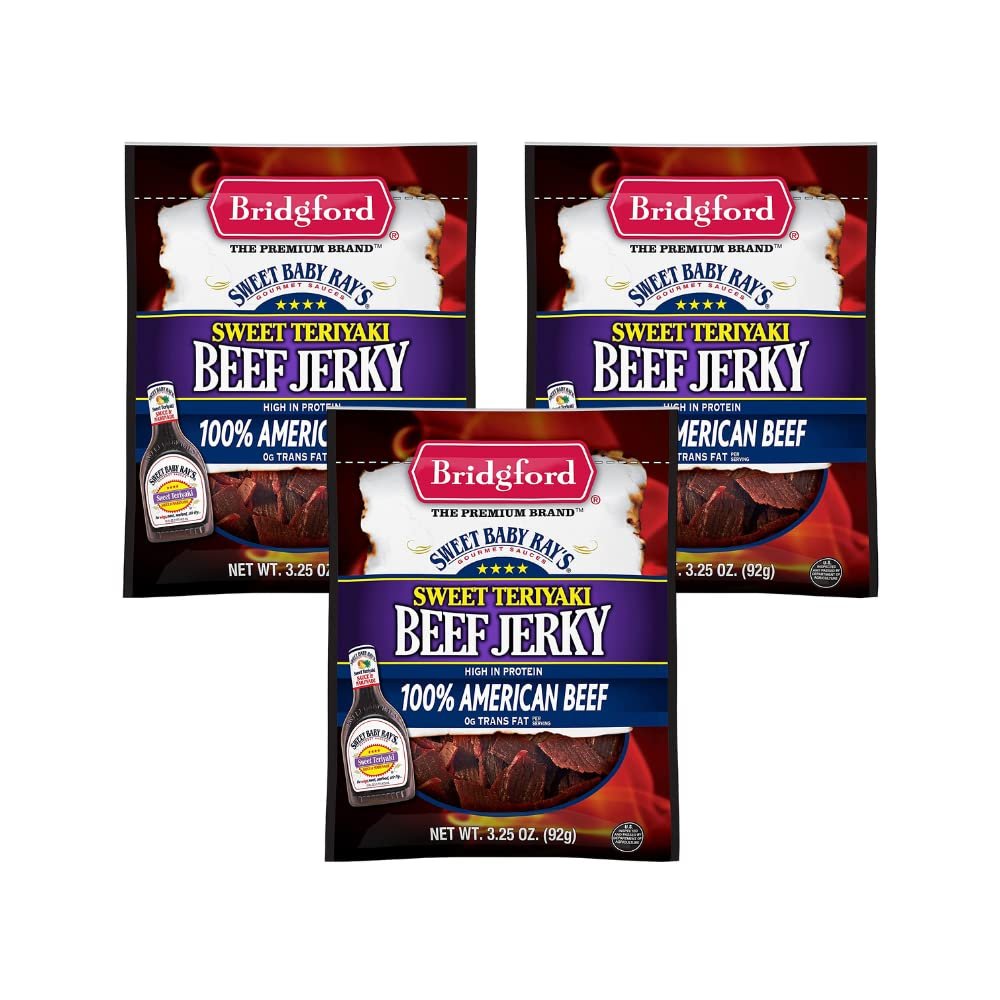 Bridgford Sweet Baby Ray's Beef Jerky Sweet Teriyaki 3.25 oz Pack of 3 - Protein-Rich Snacks for Low Carb and High Protein Diets - Beef Jerky Teriyaki for on the Go Snacking and Busy Lifestyles
