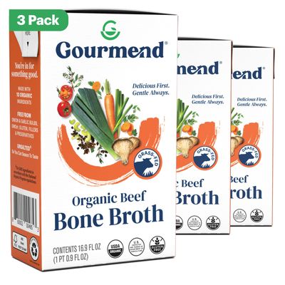 Organic Unsalted 16.9oz Beef Bone Broth from Gourmend Foods (3 Pack)  Just 10 Ingredients, Low FODMAP Certified, Filler Free, Gluten Free, Non-GMO, Onion & Garlic Bulb Free