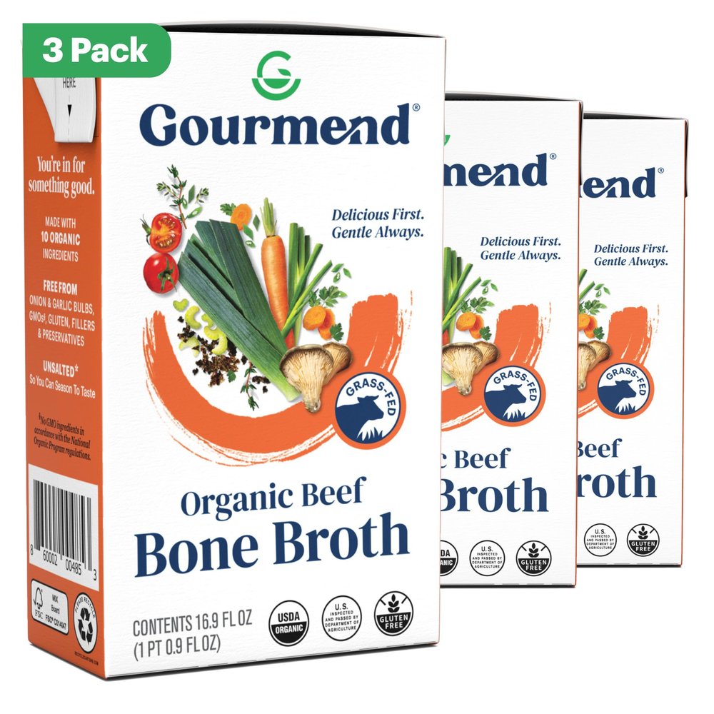 Organic Unsalted 16.9oz Beef Bone Broth from Gourmend Foods (3 Pack) Just 10 Ingredients, Low FODMAP Certified, Filler Free, Gluten Free, Non-GMO, Onion & Garlic Bulb Free