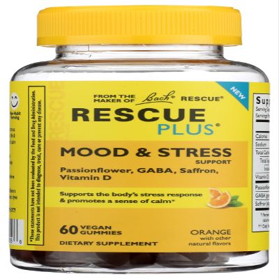 Bach Rescue Plus Mood & Stress Support Gummies, Daytime Dietary Supplement with Passionflower, GABA, Saffron & Vitamin D, Natural Orange Flavor, Vegan & Gluten-Free, 60 Count