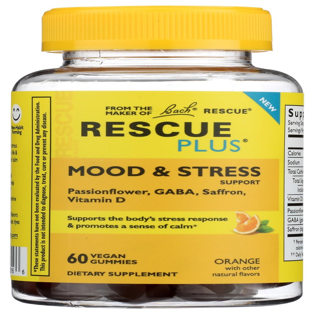 Bach Rescue Plus Mood & Stress Support Gummies, Daytime Dietary Supplement with Passionflower, GABA, Saffron & Vitamin D, Natural Orange Flavor, Vegan & Gluten-Free, 60 Count