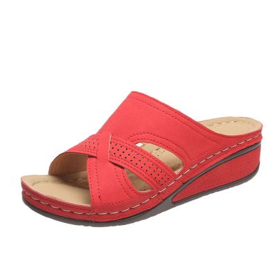 Arch Support Sandals Women's Soft Orthopedic Slippers for Flat Feet Heel Pain Open Toe Breathable Wedge Sandals (Color : Red, Size : 6.5-7 US)
