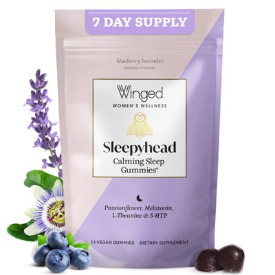 Winged Wellness Sleepyhead Natural Sleep Gummies for Women - Sleep Support Aid for Adults with 3mg Melatonin, L-Theanine, 5-HTP - Natural Gummy Supplement - Blueberry Lavender, 14 Vegan Gummies