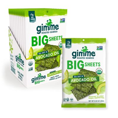 Gimme Seaweed Organic Premium Roasted Seaweed Big Sheets, Sea Salt & Avocado Oil, Keto, Vegan, Gluten-Free, Source of Omega3s & Iodine, Healthy On-The-Go Snack for Kids & Adults, 0.92oz (Pack of 10)