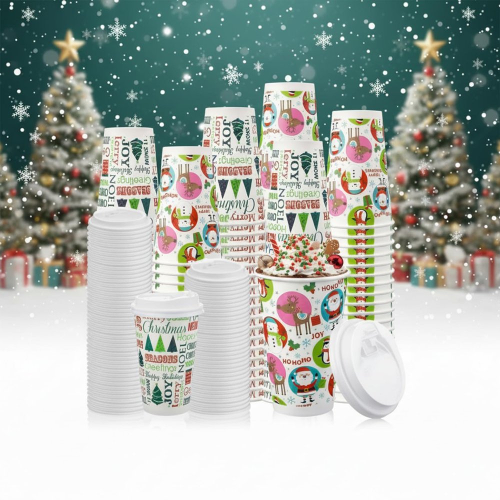 Hotop 120 Pcs 60 Set Christmas 16oz Paper Cups with Lids Christmas Disposable Paper Cups Coffee Cups Both Hot and Cold Holiday Party Supplies(Tree)