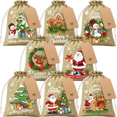 FLOE 24Pcs Christmas Burlap Gift Bags with Drawstring, 5x7in Christmas Linen Treat Bags with Tag Goody Gift Bag Small Jute Xmas Candy Reusable Gifts Wrapping Bag Xmas Holiday Party Favors Linen Sacks