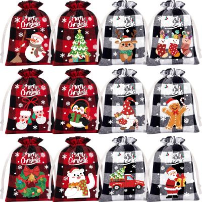 FLOE 36Pcs Burlap Christmas Drawstring Bags Buffalo Plaid Xmas Gift Bags Burlap Xmas Candy Small Christmas Linen Bag Goody Treat Sacks Reusable Gifts Wrapping Bag Holiday Party Favors