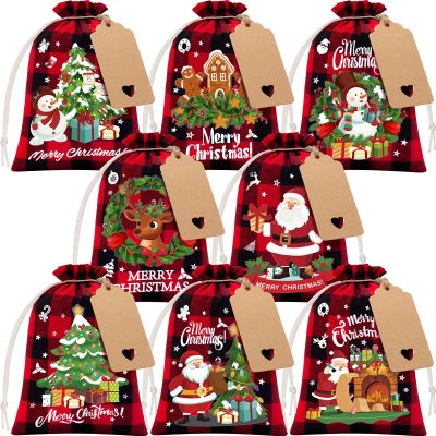 FLOE 24Pcs Burlap Christmas Drawstring Bags, 5x7in Buffalo Plaid Xmas Gift Bags w/Tag Xmas Candy Bag Small Christmas Linen Treat Goody Sacks Reusable Gifts Wrapping Bag Holiday Party Favors Sack