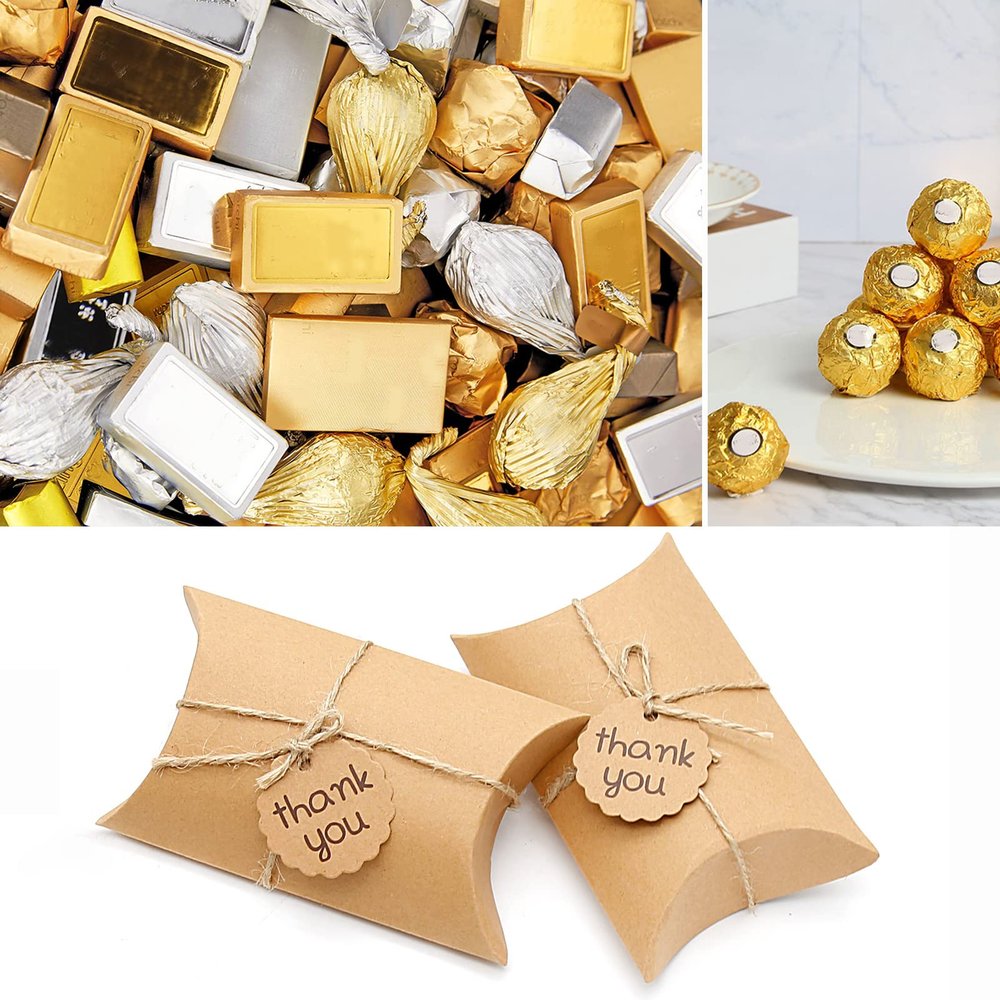 Saihisday 50PCS Kraft Pillow Boxes, 5.2x3.5x1.6 Inches Candy Favor Paper Box, Brown Gift Box with Jute Twines and Tag for Candy Chocolate Bakery Birthday Graduation Wedding Party ("Thank you" Text Tag)