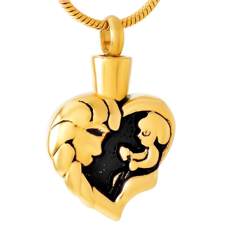 BIAIHQIE Cremation Urn Necklace for Ashes Keepsake Memorial Urn Jewelry Mother and Child Heart Cremation Keepsake Pendant for Ashes Gold