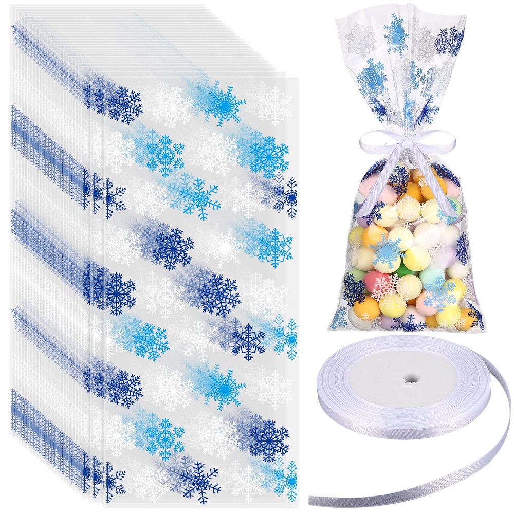 Boao 100 Pcs Christmas Cellophane Treat Bags Snowflake Goodie Candy Bag with Ribbon for Winter Holiday Christmas Party Supplies(Blue White Bag with White Ribbon)