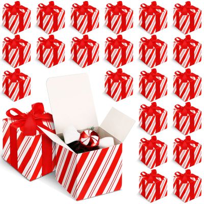 Sabary 25 Pcs Christmas Red Gift Boxes with Lids 4 x 4 x 4 Inches Candy Design Christmas Kraft Gift Boxes with Red Ribbons Small Present Box for Wedding Party Favor Birthday