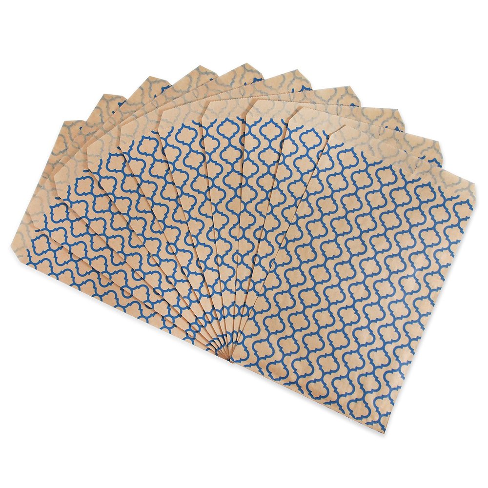 CuteBox 100pcs Blue Trellis Flat Paper Gift Bags (6" x 9") for Merchandise, Party Favors, Small Gifts, Handmade Goods, Arts and Crafts, Outdoor Events, Holidays, Weddings
