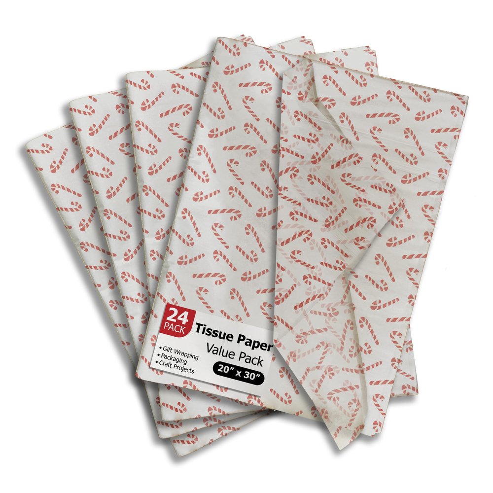Pro Supply Global Candy Cane Printed Tissue Paper for Gift Bags or Boxes and Wrapping - Christmas Winter Holiday Bulk Decorative Art Tissue Paper for Packaging and Gifting | 24 Sheets 20" x 30"