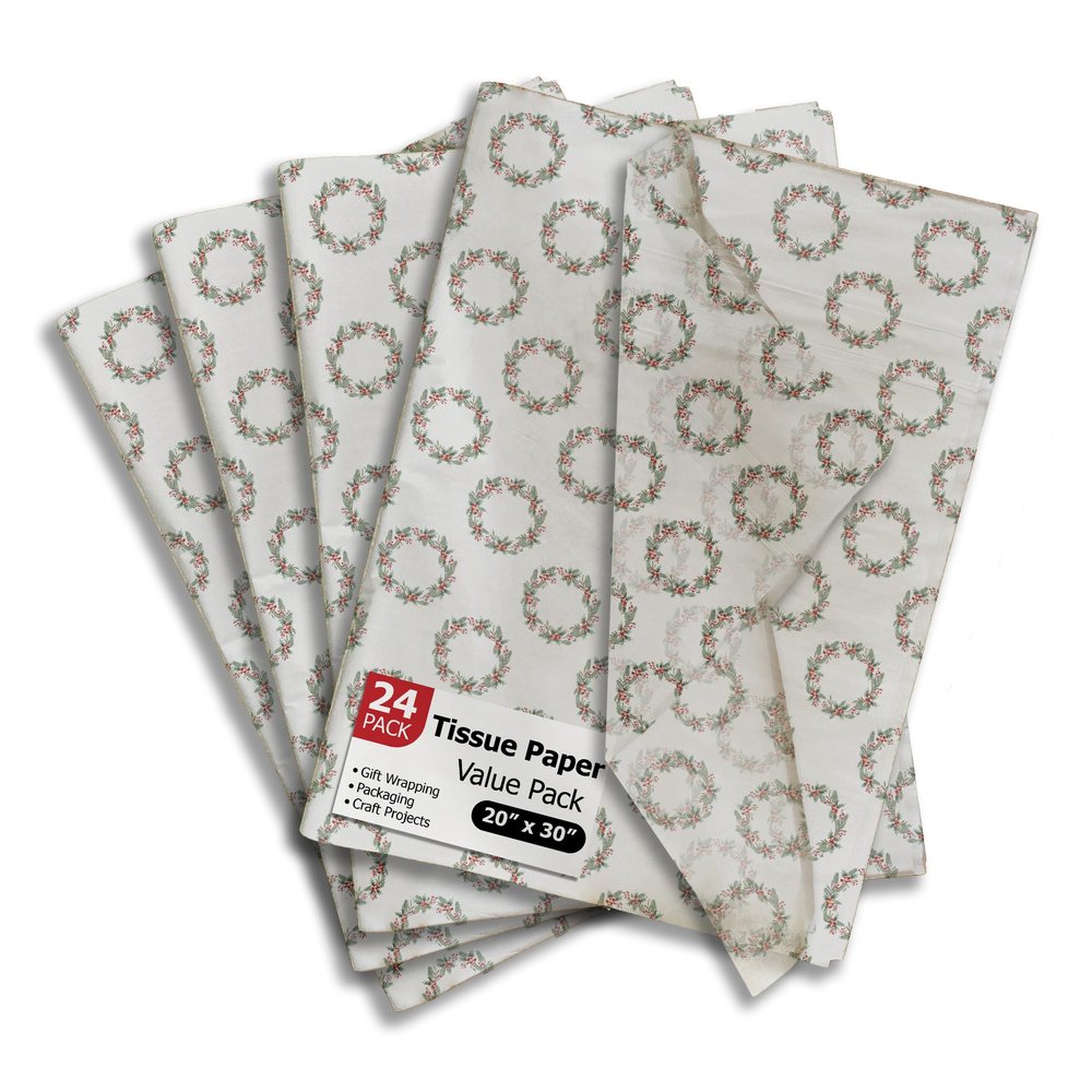 Pro Supply Global Christmas Wreath Printed Tissue Paper for Gift Bags or Boxes and Wrapping - Winter Holiday Bulk Decorative Art Tissue Paper for Packaging and Gifting | 24 Sheets 20" x 30"